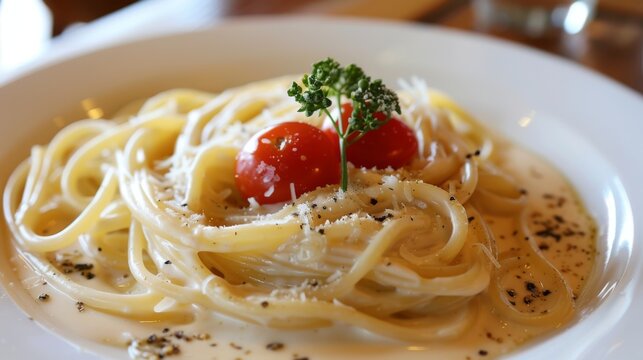  a close up of a plate of pasta with tomatoes and parmesan sprinkled on top of it.