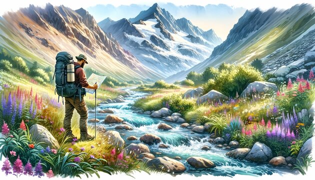 A hiker with a map and backpack standing by a vibrant alpine stream surrounded by flowering plants and towering peaks.