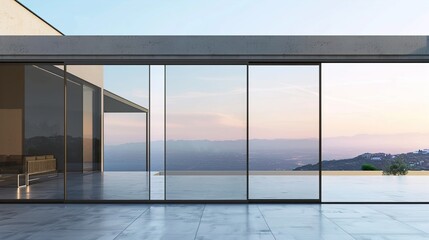 A UHD capture of a modern sliding glass door with sleek aluminum frame, its seamless operation and expansive glass panels offering unobstructed views against the solid background.