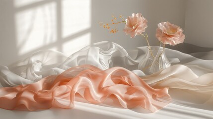  a vase filled with pink flowers sitting on top of a white bed covered in ruffles and flowing fabric.