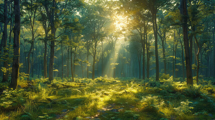 Morning in the forest. Created with Ai - obrazy, fototapety, plakaty