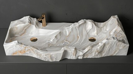  a white sink sitting on top of a counter next to a counter top with a gold faucet on it.