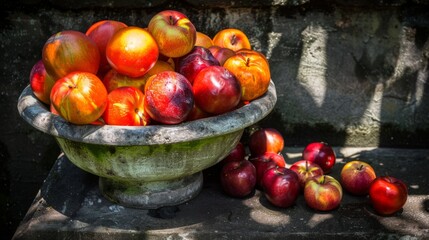  a bowl of fruit sitting on a table next to a pile of apples and a pile of oranges on the ground.