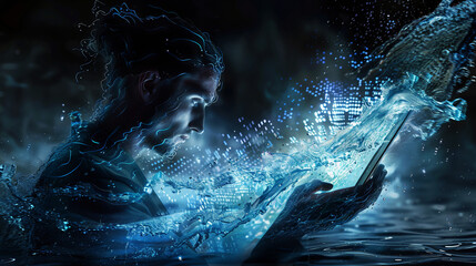 illustration of a man with a laptop in the waves