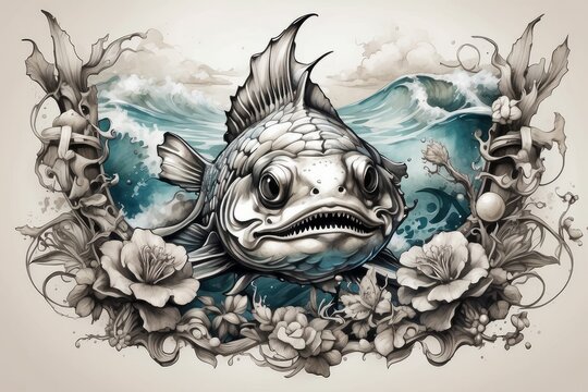 monster fish and sea tattoo design, clipart, illustration, 