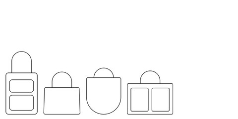 Women fashion handbags collection, vector outline icon illustration. Different types of stylish bags isolated on a white background.
