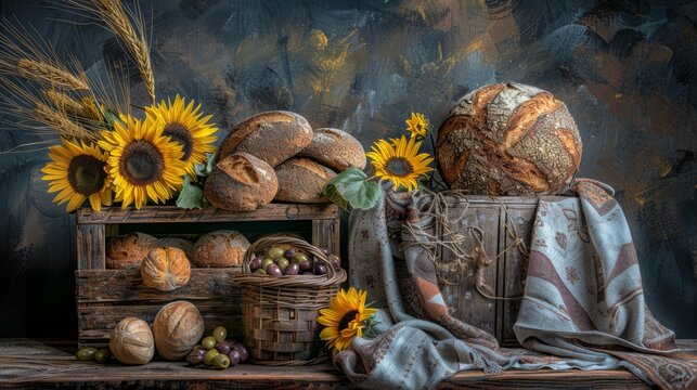  a painting of bread, sunflowers, and other items on a table with a blue wall in the background.