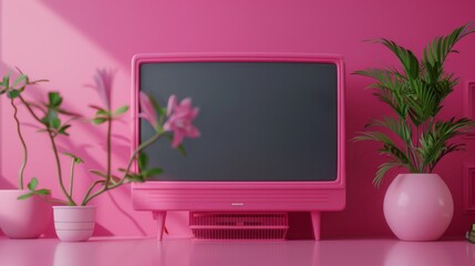 A frontal angle pink tv c4d rendering cute, pink background, generated with AI