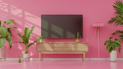 A LCD TV on a wall, pink background, generated with AI