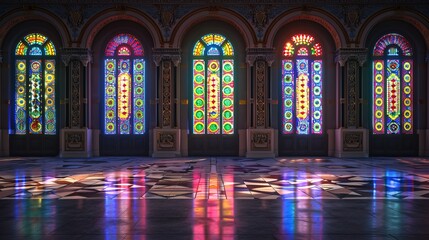 A UHD capture of a row of decorative transom windows with stained glass panels, their colorful designs and intricate patterns adding visual interest and architectural elegance to the interior.