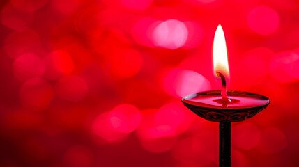  a lit candle sitting on top of a small metal stand with a red light in the middle of the picture.