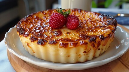 A delicious crême brulée dessert, raspberries on top, generated with AI