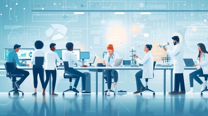 Group of scientists in lab coats around table