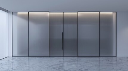 A UHD capture of a row of minimalist sliding closet doors with frosted glass panels, their clean lines and subtle texture adding a touch of contemporary elegance to the interior.