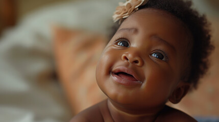 Smiling black baby girl. Happy childhood concept. Selective focus. Copy space.  - obrazy, fototapety, plakaty