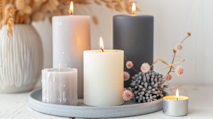  a group of candles sitting on top of a table next to a vase filled with flowers and a pine cone.