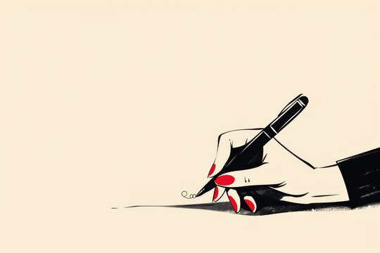 A cartoon minimalist illustration of a hand writing with a calligraphy pen, generated with AI