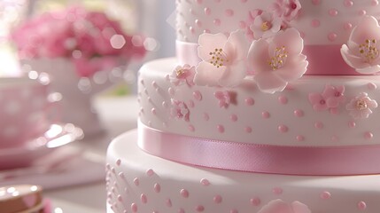  a close up of a three tiered cake with pink flowers and polka dots on the side of the cake.