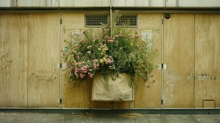  a bunch of flowers sitting in a bag on the side of a building next to a wall with wooden doors.