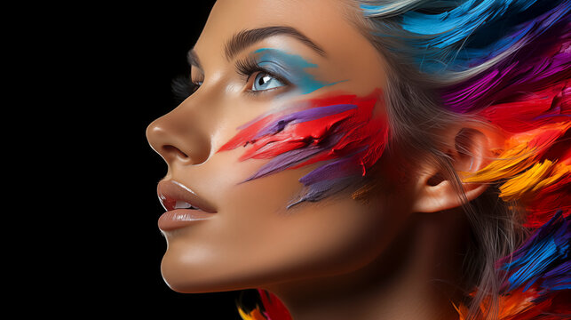 Woman with vibrant feathers painted on her face exudes artistic beauty and self-expression.