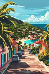 An illustration poster design of the boulevard of grand case in st martin at noon, bright colors, surrealistic,generated with AI - obrazy, fototapety, plakaty