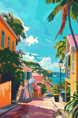 An illustration poster design of the boulevard of grand case in st martin at noon, bright colors, surrealistic,generated with AI - obrazy, fototapety, plakaty
