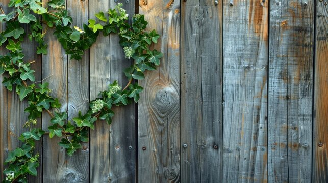 The vine decorated with green leaves, gracefully climbs against the wallpaper of a wooden fence and makes a heart, it's time for love, spring concept. 