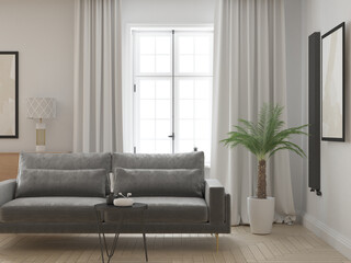 Eleganckie jasne wnętrze salonu pokoju dziennego z zasłonami wygodną sofą i dekoracjami