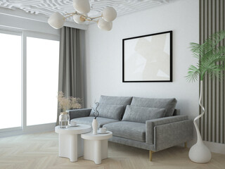 Przytulne jasne wnętrze salonu pokoju dziennego z zasłonami wygodną sofą i dekoracjami