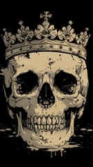 A simple logo of a skull wearing a crown, depicted in a grimdark style, vectorcore. cmyk colors on a black background, generated with AI