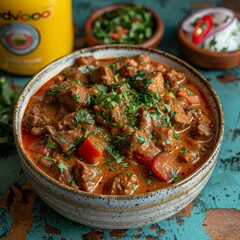 A shot of a vindaloo, teal background, deliveroo, generated with AI
