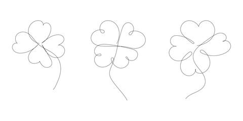 Set of beauty clovers drawn by one line. Floral sketch. Continuous line drawing. Minimalist art for patrick day. Vector illustration.