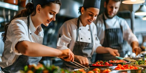 Chefs crafting an exquisite gourmet dish in a fine dining establishment. Concept Fine Dining, Gourmet Dish, Culinary Art, Chefs, Exquisite Cuisine