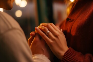 
Close-up of a man's hand presenting an engagement ring, with his elated girlfriend softly blurred in the background. - obrazy, fototapety, plakaty