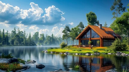 Obraz premium Environmentally Friendly, Serene Lakefront Retreat Under Fluffy Clouds