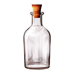 A clear glass bottle with a wooden stopper. The bottle is empty and sits on a white background