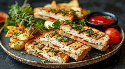 Grilled Turkey and Cheese Sandwich with Tomato and Lettuce, Served with Seasoned Wedge Fries
