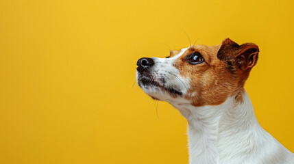Cute jack russell dog sitting looking and waiting for food isolated on a yellow background with copy space. Concept pets love, animal life, humor, raising dogs.