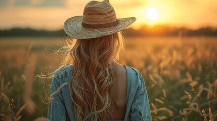 Country girl looking at sunset, generated with AI - obrazy, fototapety, plakaty