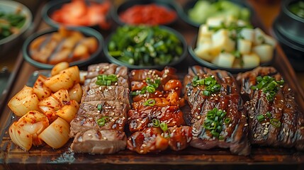 Assorted Korean Barbecue Meats Garnished with Sesame and Green Onions, with Pickled Side Dishes