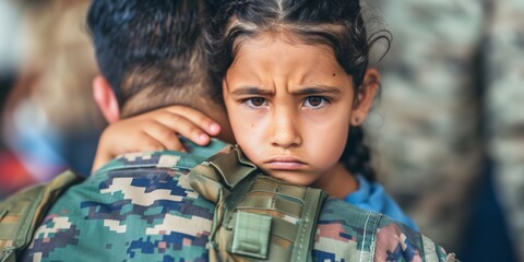 Obraz premium In this poignant scene, a soldier, dressed in his uniform, holds his daughter in his arms as she embraces him tightly, clutching onto him with knees bent. The soldier, with a calm yet concerned expres