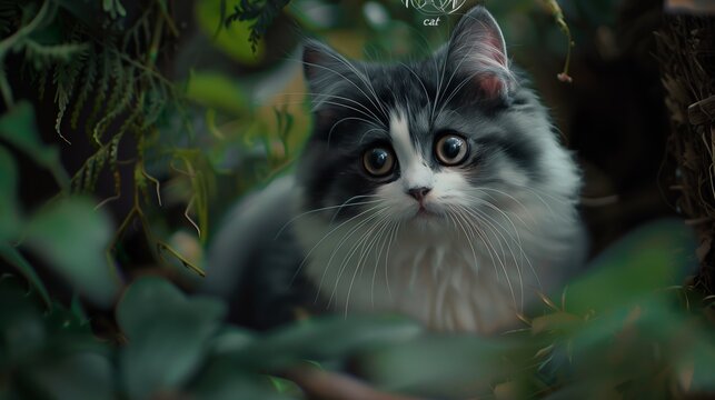 Oculto en un enclave exuberante, un gatito de ojos grandes y melena monocromática contempla su dominio verde, encarnando el espíritu sereno de la cuna de la naturaleza.
