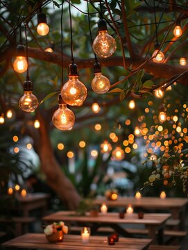 En una arboleda serena, una constelación de cálidas bombillas se acomoda entre las hojas, proyectando un suave resplandor sobre un tranquilo y acogedor conjunto de mesas rústicas listas para conversac