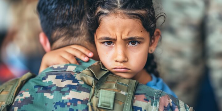 In this poignant scene, a soldier, dressed in his uniform, holds his daughter in his arms as she embraces him tightly, clutching onto him with knees bent. The soldier, with a calm yet concerned expres