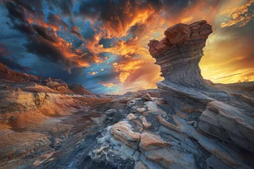 Zelfklevend Fotobehang A unique rock formation stands out in the vast desert landscape under a clear sky © Ilia Nesolenyi
