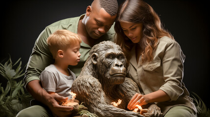 Intimate Family Moment with a Gorilla Statue - Symbolizing Human Connection with Wildlife