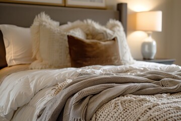 A bed with a blanket and pillows showcasing a cozy retreat with soft textiles and warm lighting in a bedroom setting