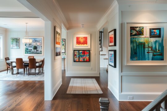 A long hallway adorned with paintings on the wall, showcasing a curated collection of artwork in a contemporary art gallery setting