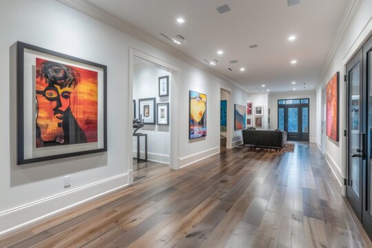 A long hallway showcasing a painting on the wall in a contemporary art gallery setting