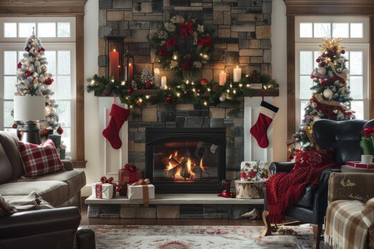 A living room filled with furniture and a fireplace, set up with festive decorations such as garlands, stockings, and wreaths